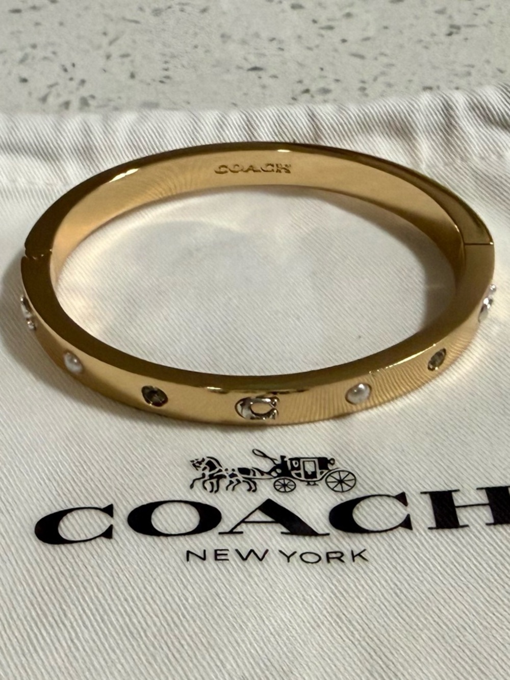 Coach Gold Tone Crystal & Pearl Hinged Bangle Bracelet Signature C Logo